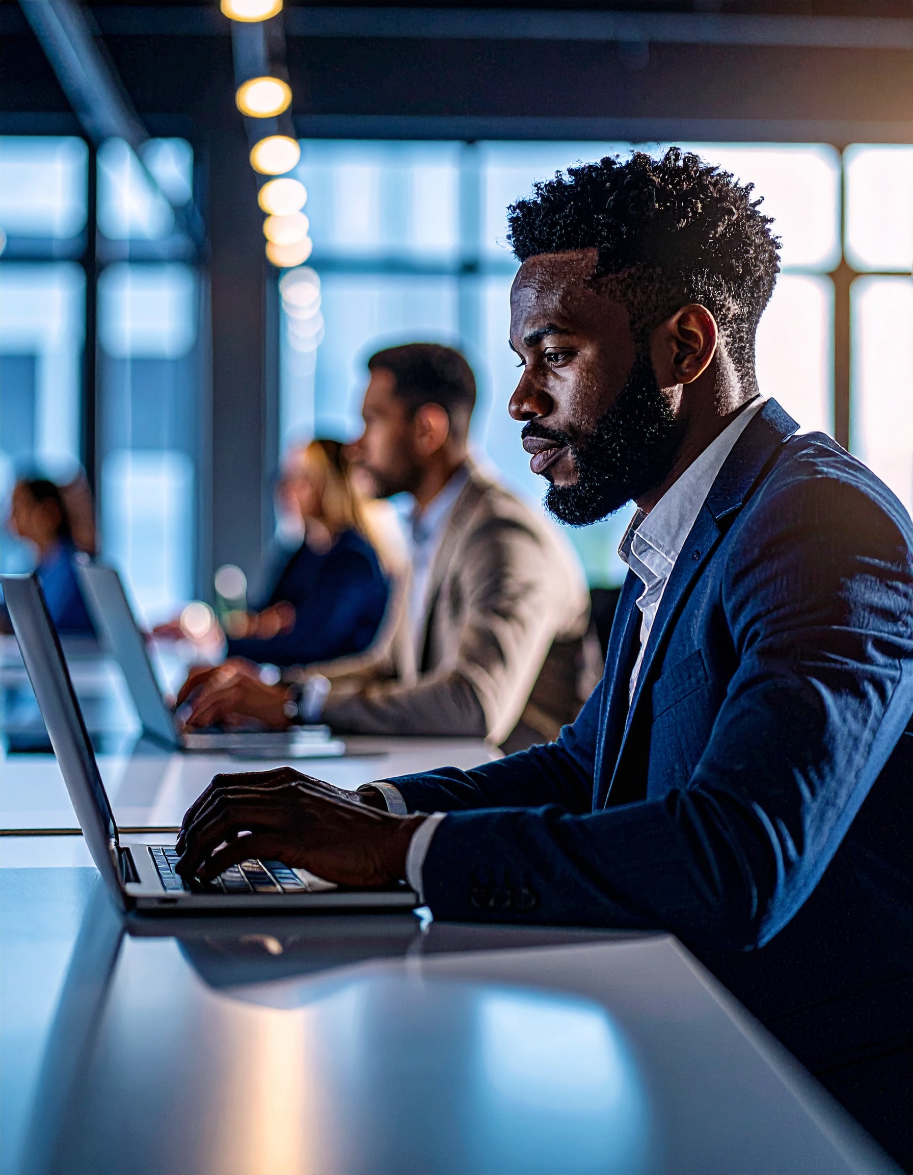Homem concentrado trabalha em laptop em ambiente de escritório moderno com iluminação suave, transmitindo foco e produtividade em um espaço colaborativo e profissional.